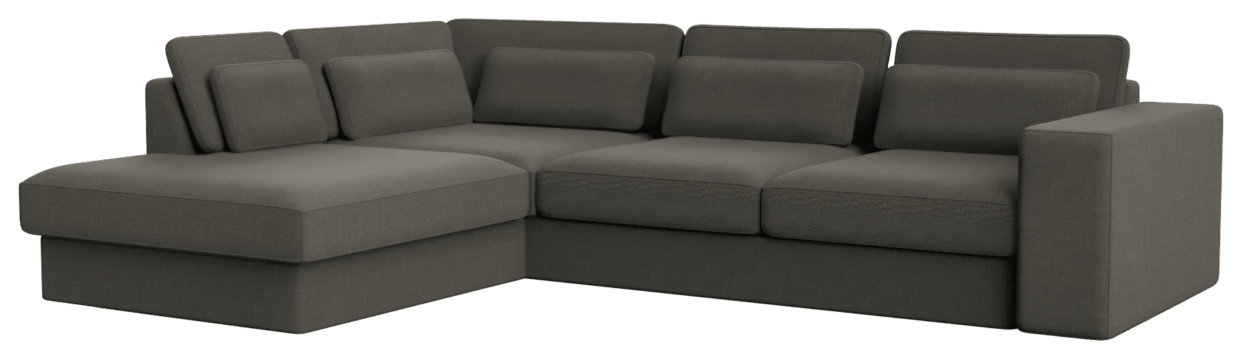 Dark grey Minato sofa longchair left in Phoebe style, featuring a modern design with plush cushions and sleek fabric upholstery.