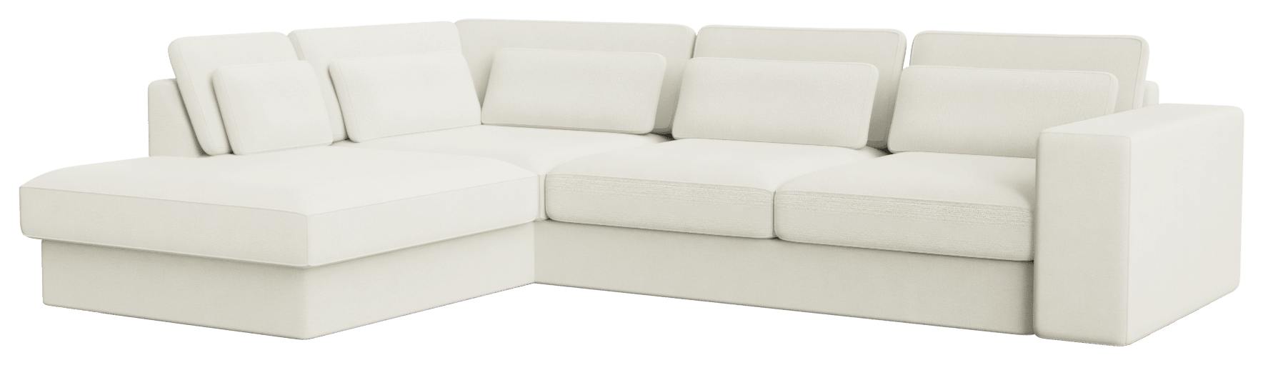 Off-white MINATO sofa longchair left in Phoebe fabric, showing the modern three-seater with extended left side for comfortable lounging.