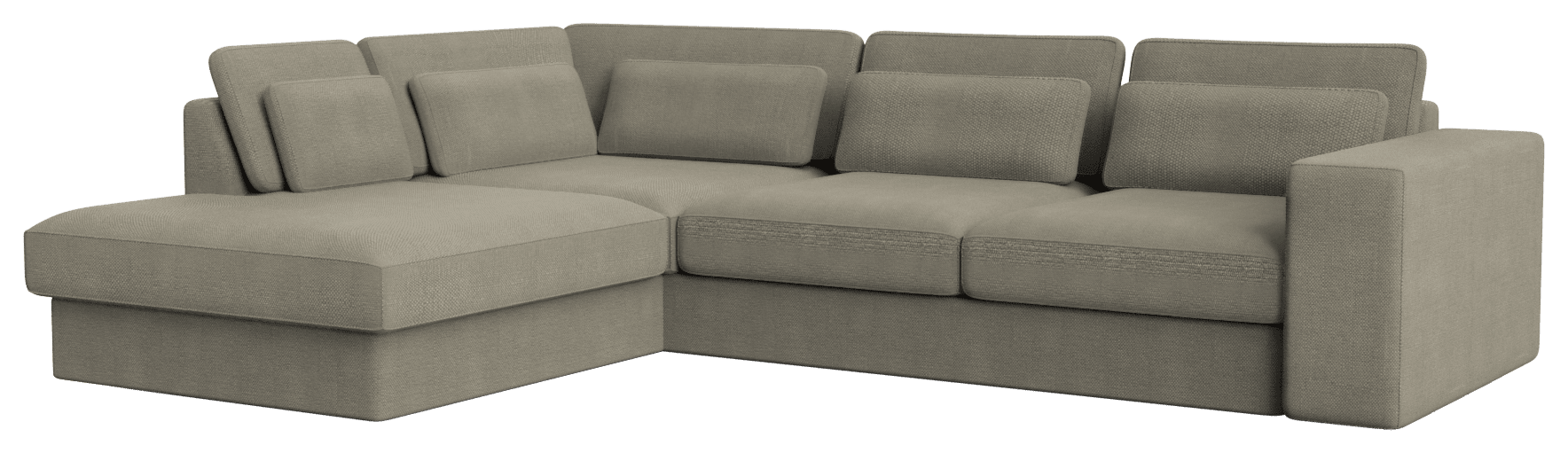 Smokey taupe Minato sofa by My Store, three-seater longchair on the left, showcasing modern design and plush fabric upholstery.