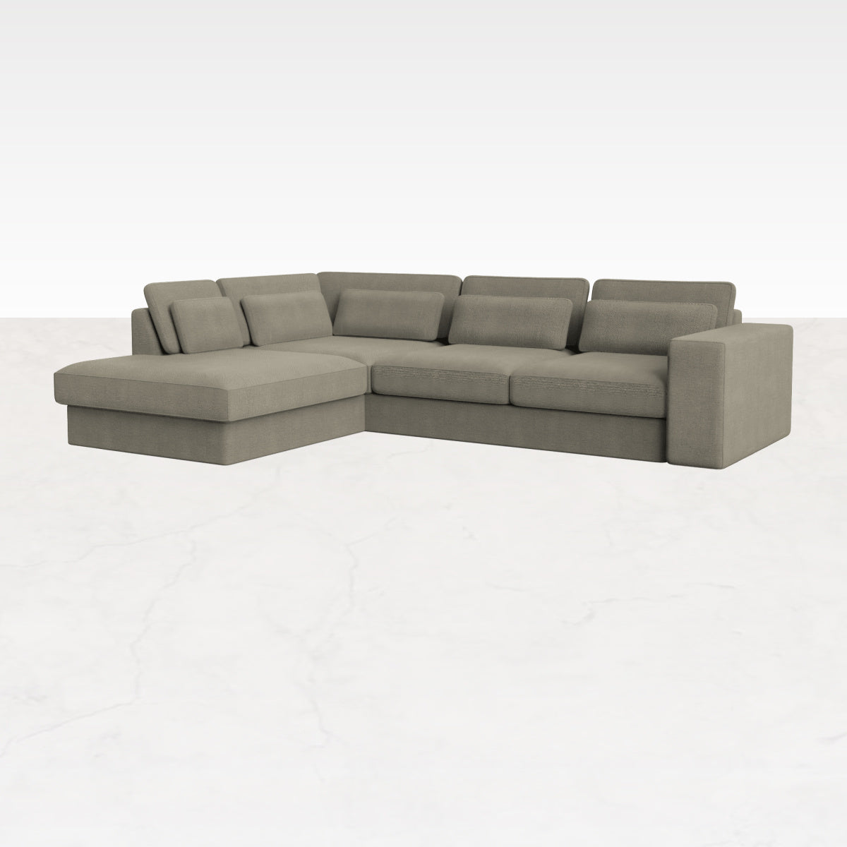 My Store MINATO sofa longchair left in Phoebe Smokey Taupe, showcasing the plush fabric and spacious seating.