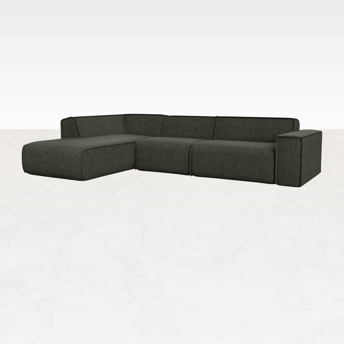 Forest green YUTO sofa longchair left by My Store, showing the spacious, modern fabric sofa with plush cushions.