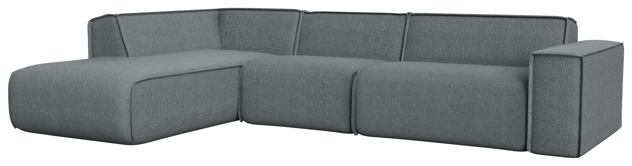 YUTO Sofa Capucine Ocean Grey longchair left in living room, showcasing plush fabric and modern design with armrest and comfortable seating.
