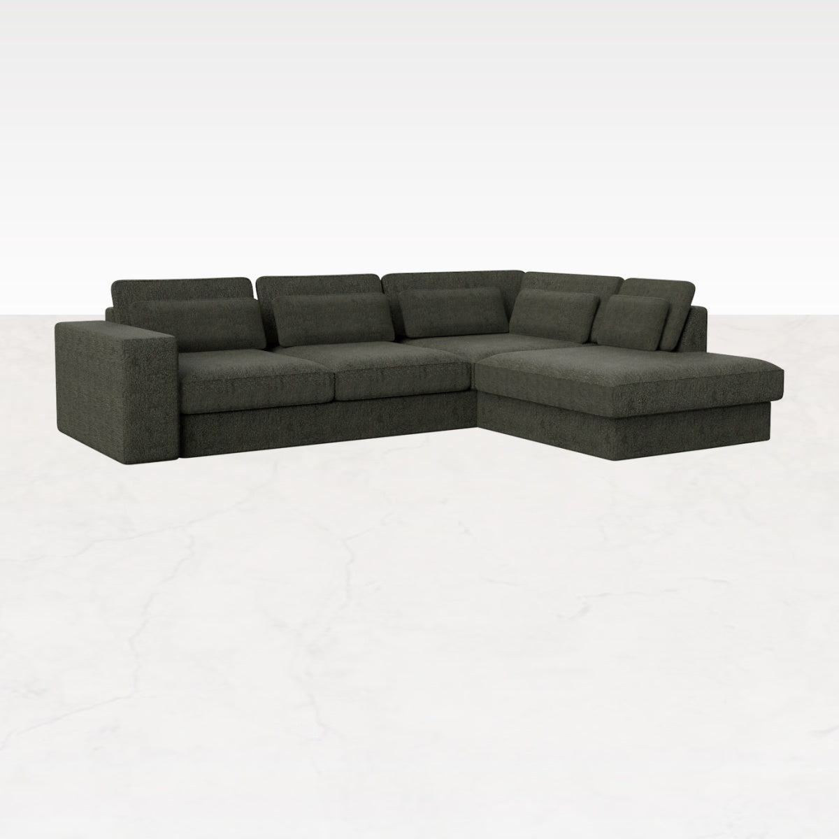 Forest green Minato sofa longchair right from My Store, showing the modern three-seater with a right-side extended seating.