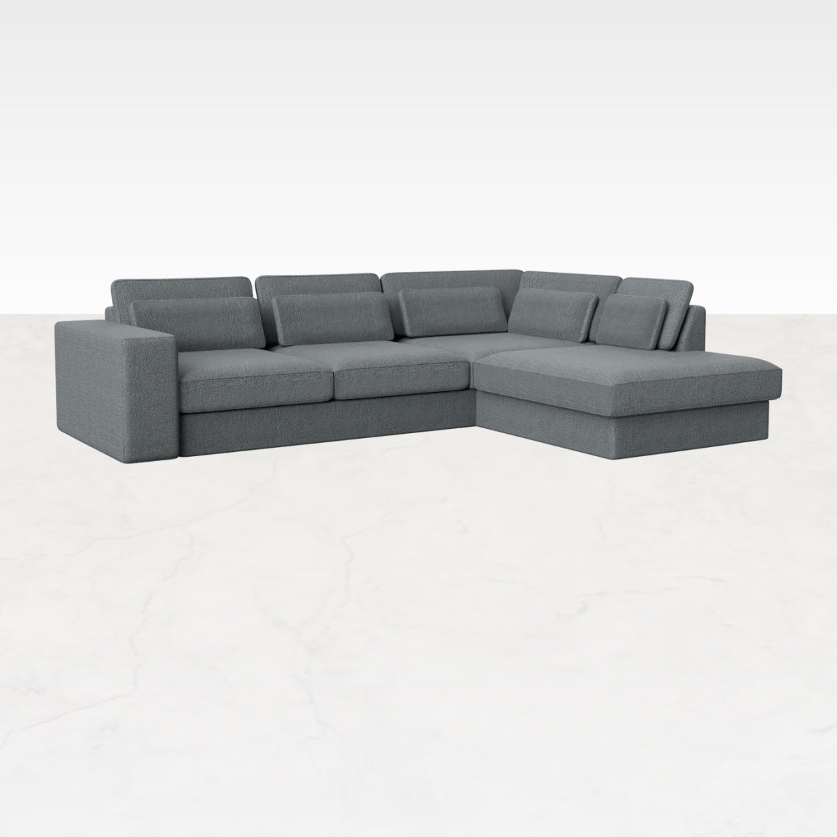 Ocean grey MINATO sofa by My Store, three-seater longchair right in Capucine fabric, showing plush cushions and modern design.