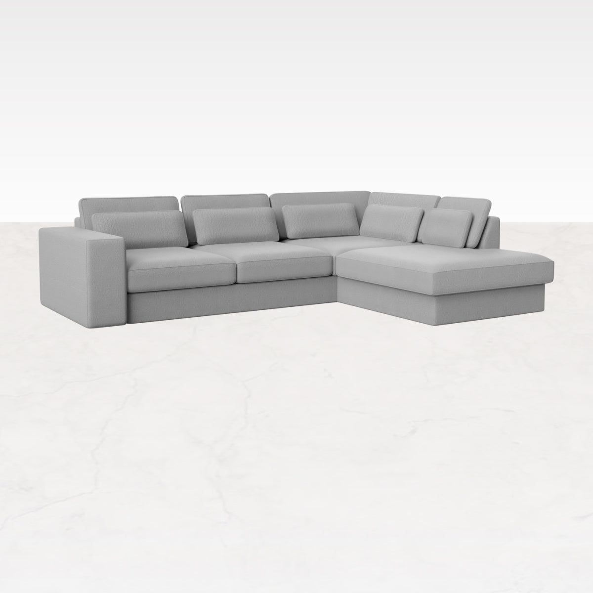My Store MINATO Sofa Capucine Silver longchair right showing plush fabric and modern design in a cozy living room setting.