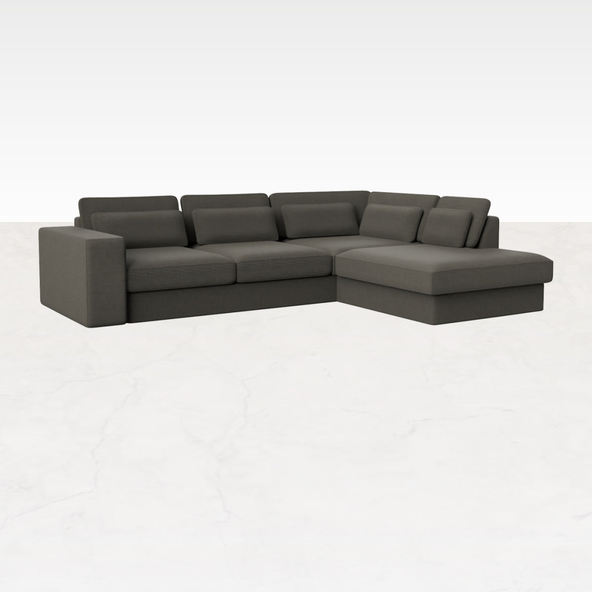 Dark grey Minato sofa by My Store, three-seater longchair right in Phoebe fabric, showcasing plush cushions and modern design.