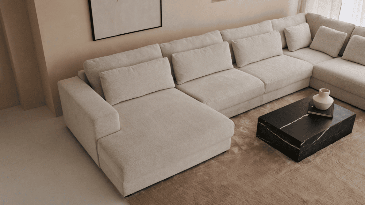 Phoebe Smokey Taupe Minato Sofa with right-facing longchair, featuring plush fabric and modern design for stylish living rooms.
