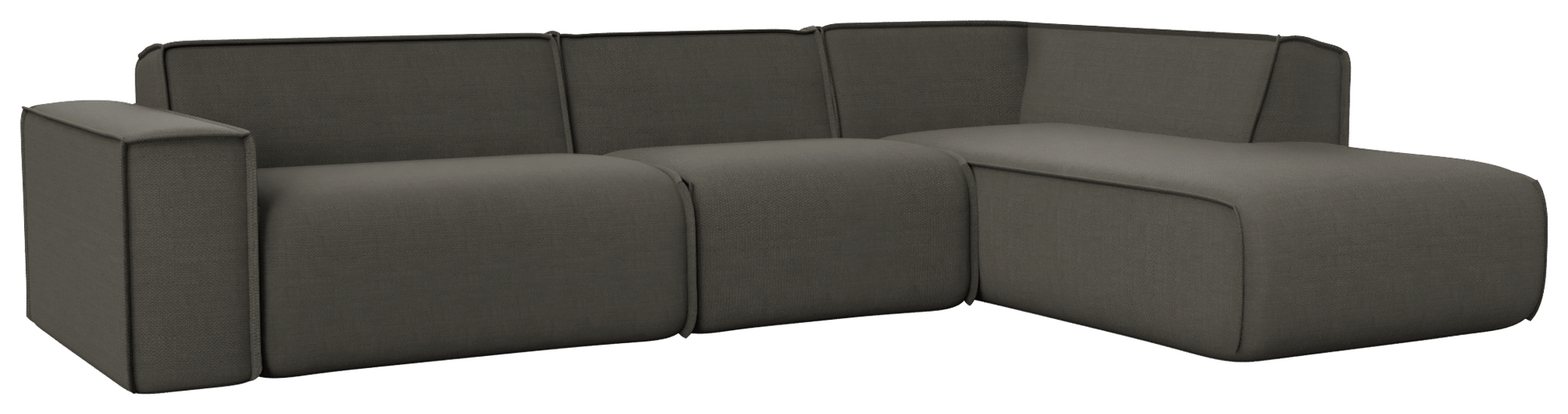 Dark grey YUTO sofa with right-facing longchair, modern 3-seater design, upholstered in Phoebe fabric.