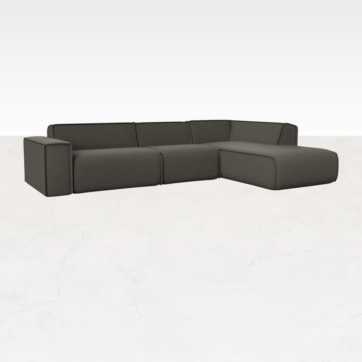 Dark grey YUTO sofa by My Store, three-seater longchair right in Phoebe style, with plush cushions and modern design.