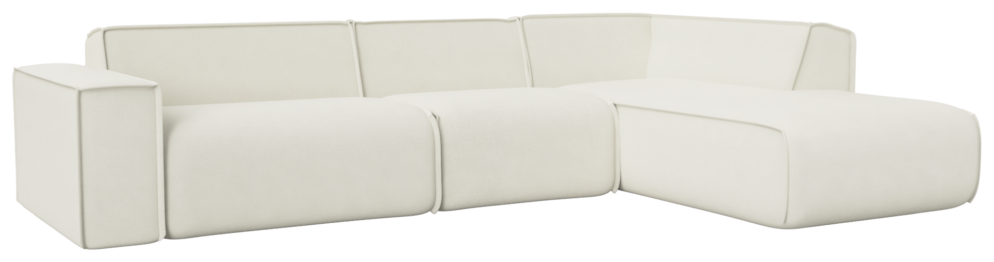 Off-white YUTO sofa longchair right in Phoebe fabric, showcasing the modern three-seater with extended right-side lounging.