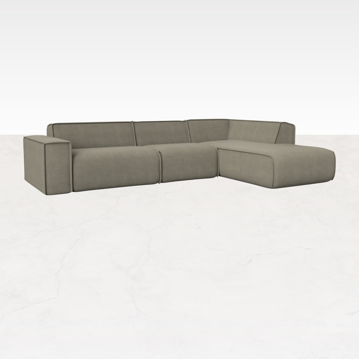 Smokey taupe YUTO sofa longchair right in Phoebe style, featuring plush cushions and modern design in a living room setting.