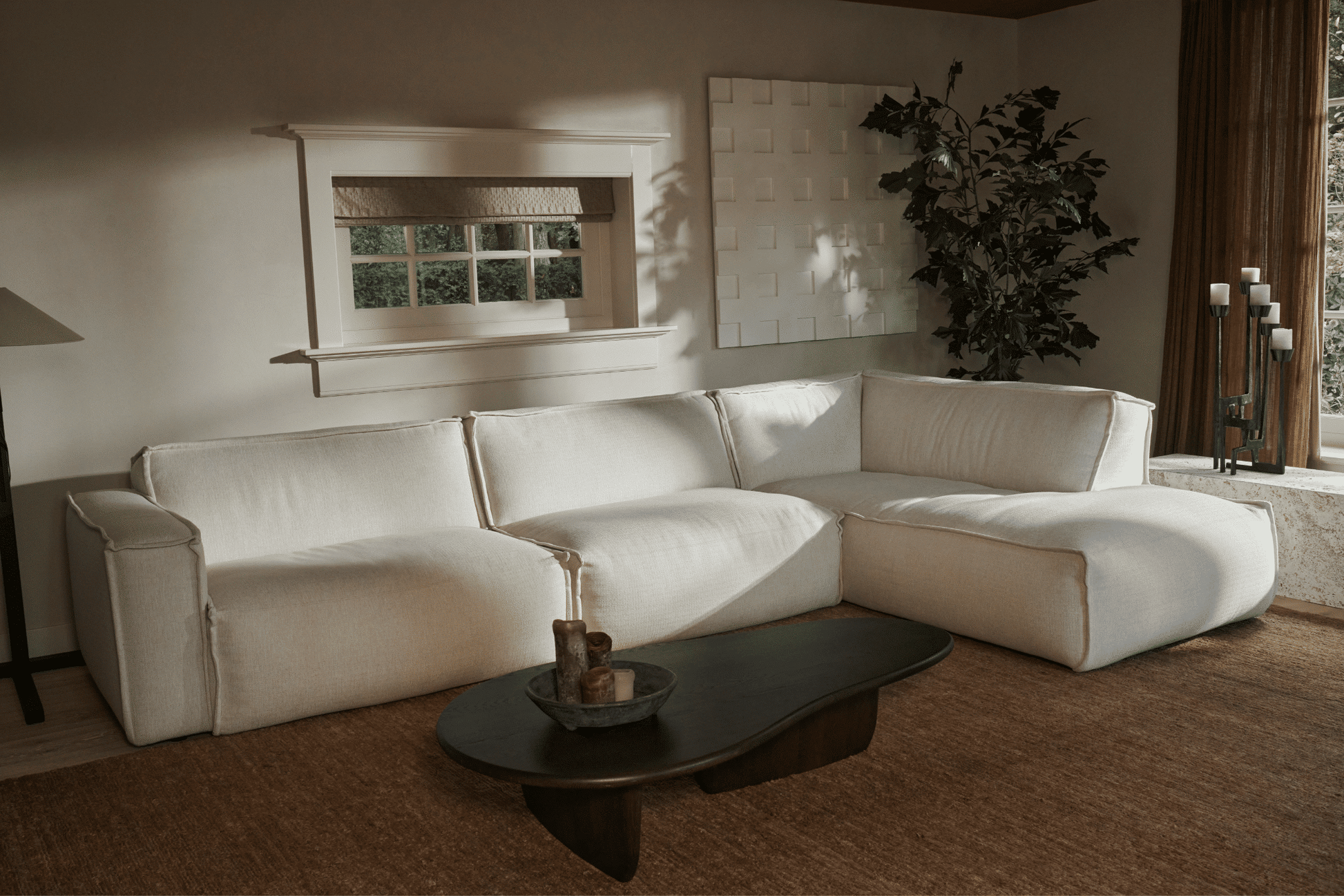 Three-seater YUTO Sofa in Phoebe Beige featuring plush cushions and modern design, perfect for contemporary living rooms