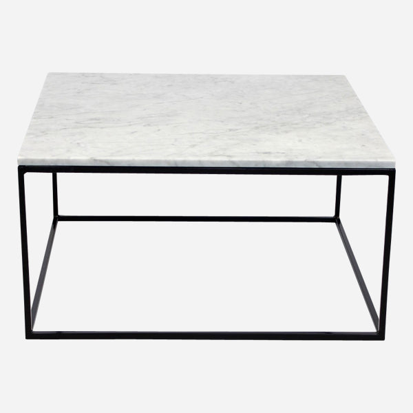 Square marble coffee table with Bianco Carrara white marble top and matte grey finish, modern design, 48x38 cm.