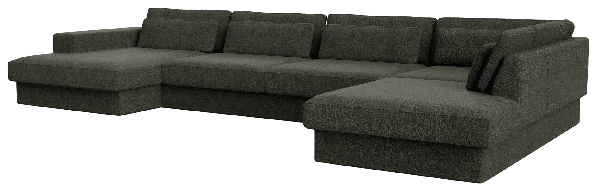 Forest green MINATO sofa by My Store, 5-seater with divan on the left and longchair on the right, showcasing modern living room style.