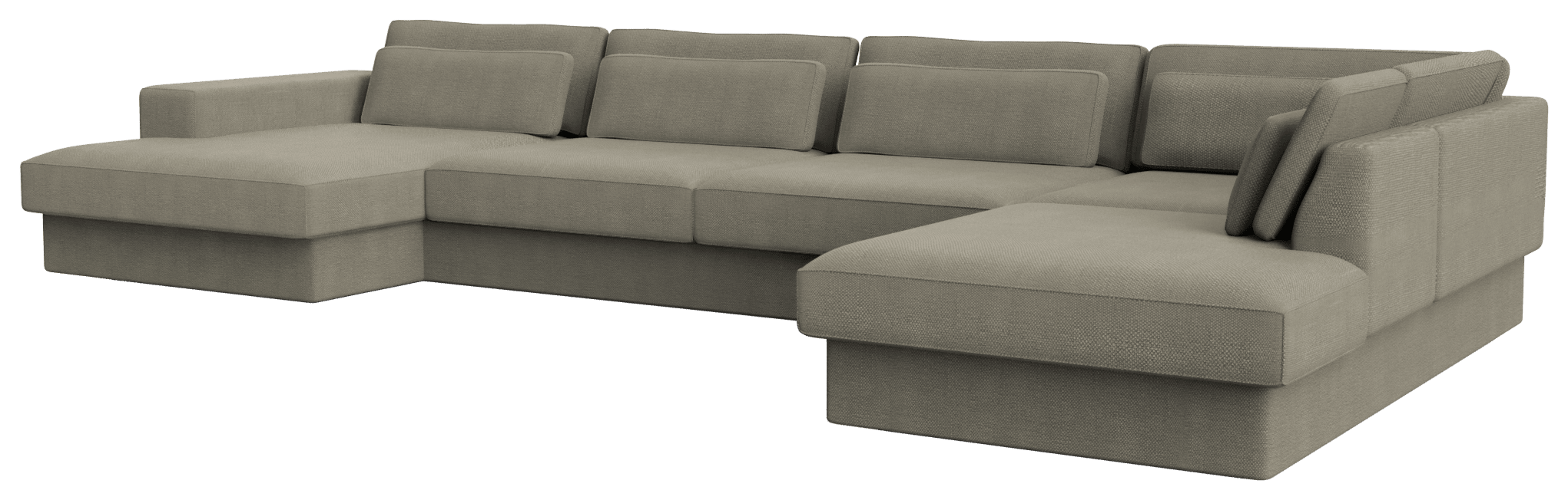 Minato sofa by My Store in Phoebe Smokey Taupe, 5-seater divan left with longchair right, showcasing plush fabric and modern design.