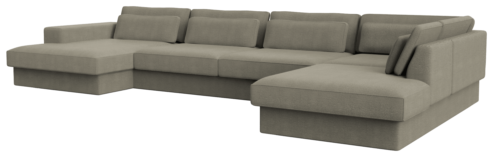 Minato sofa by My Store in Phoebe Smokey Taupe, 5-seater divan left with longchair right, showcasing plush fabric and modern design.