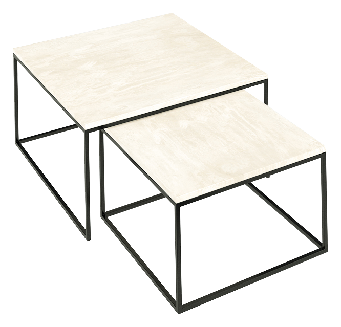 Square marble coffee table set in travertine, featuring two modern tables with natural stone surfaces and sleek design.