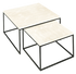 Square marble coffee table set in travertine, featuring two modern tables with natural stone surfaces and sleek design.