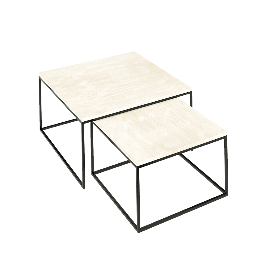 Square marble coffee table set in travertine with dimensions 60cm x 80cm, 37cm x 42cm, by My Store.