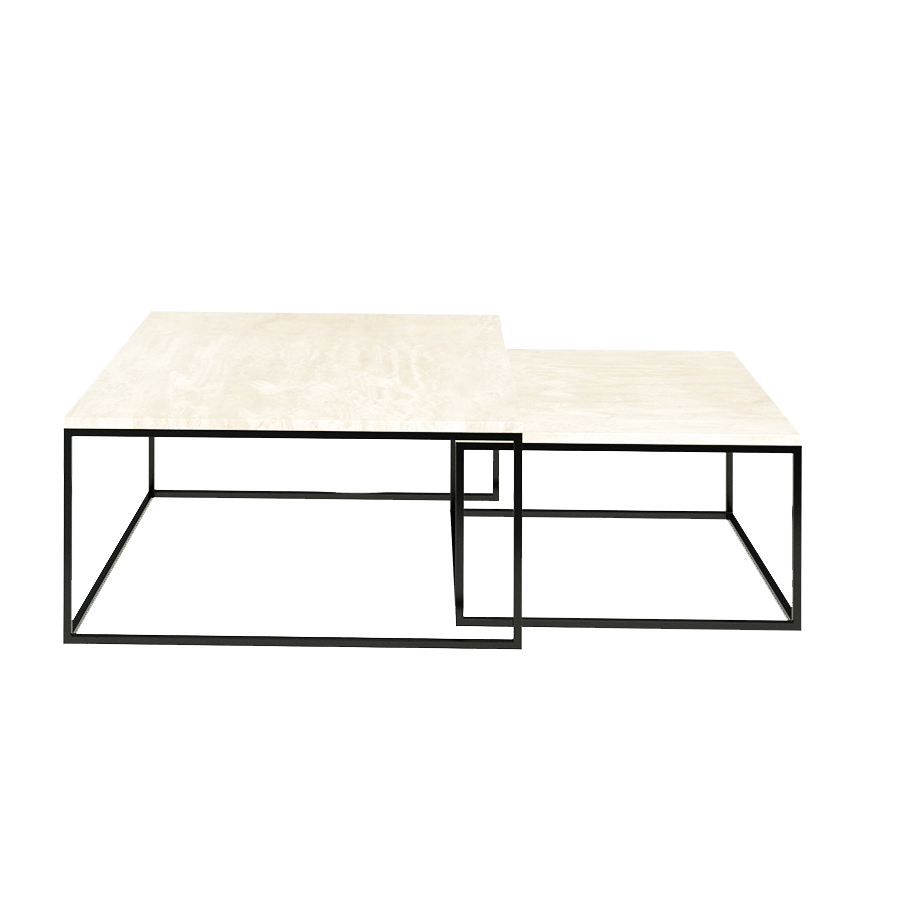 Square marble coffee table set in travertine with dimensions 60x80x37 and 42 cm, featuring sleek natural stone surfaces.