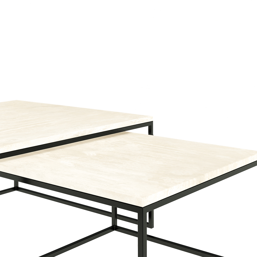 Square marble coffee table set in travertine with dimensions 60x80x37cm and 42cm height, featuring sleek natural stone surfaces.