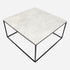 Square marble coffee table with glossy Bianco Carrara white surface and sleek modern design.