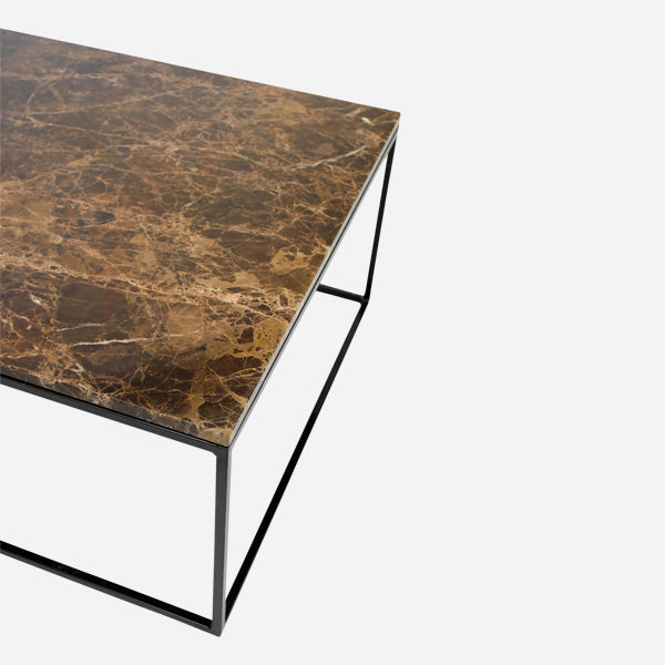 Dark Emperador brown square marble coffee table with glossy finish, modern design, and sturdy base.