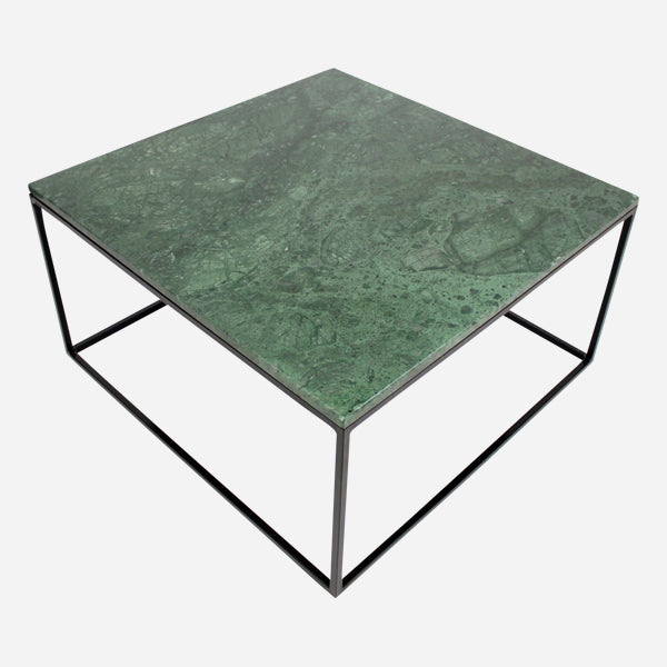 Square marble coffee table in glossy India Green with a sleek, modern design, featuring a polished surface and sturdy base.