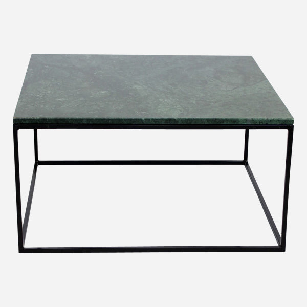 Square marble coffee table with glossy India Green surface and sleek design, perfect for modern living rooms.