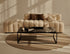 Square marble coffee table in glossy India Green with a sleek, modern design and sturdy base.