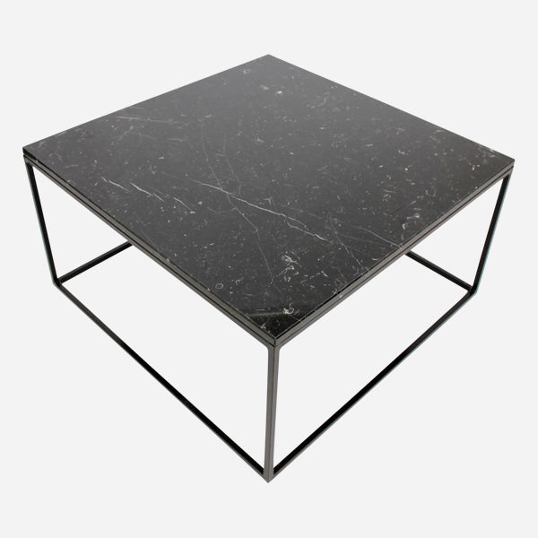 Square Nero Marquina black marble coffee table with glossy finish, featuring a sleek modern design.