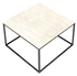 Square marble coffee table with travertine surface and sleek design, showcasing its modern and elegant appearance.