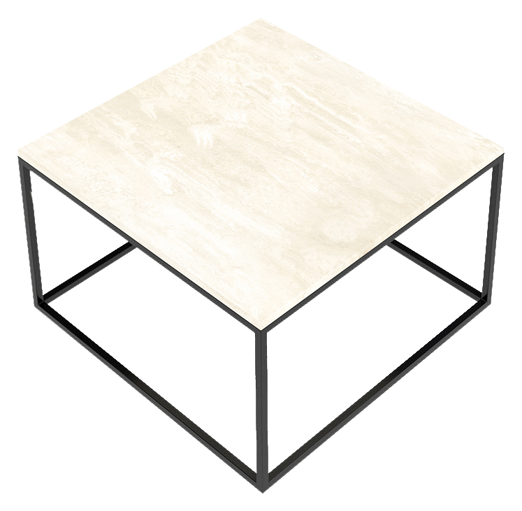 Square marble coffee table with travertine surface and sleek design, showcasing its modern and elegant appearance.