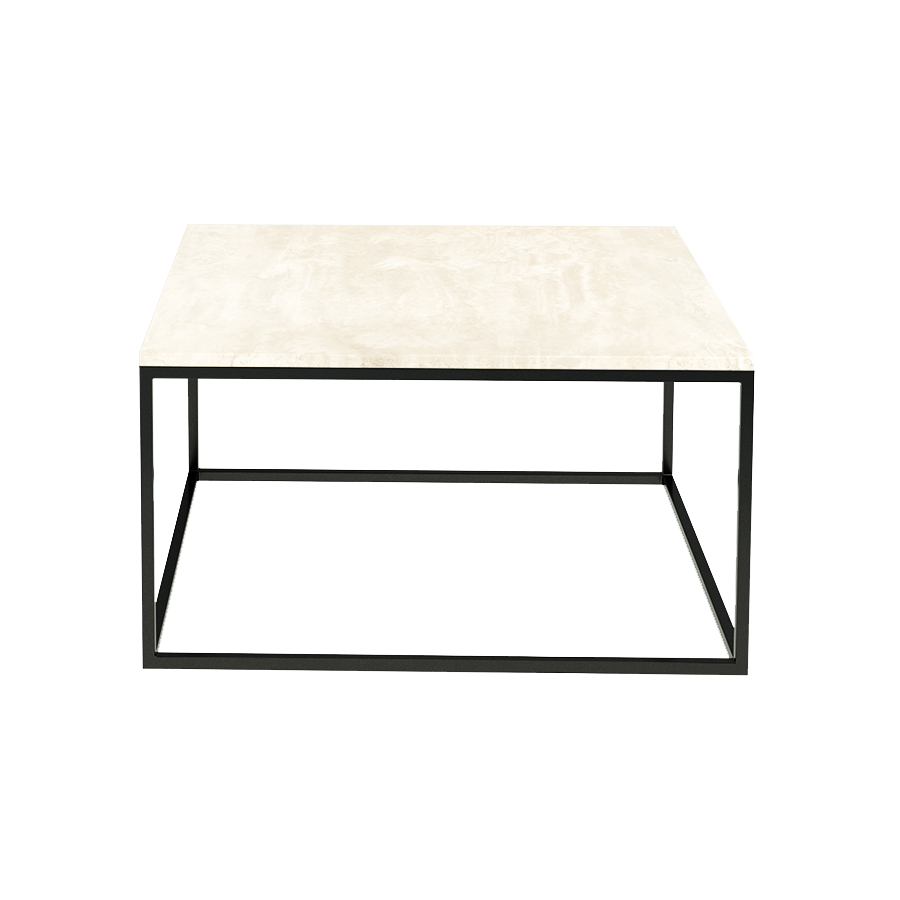Square marble coffee table in travertine finish with sleek modern design, showcasing smooth surface and sturdy construction.