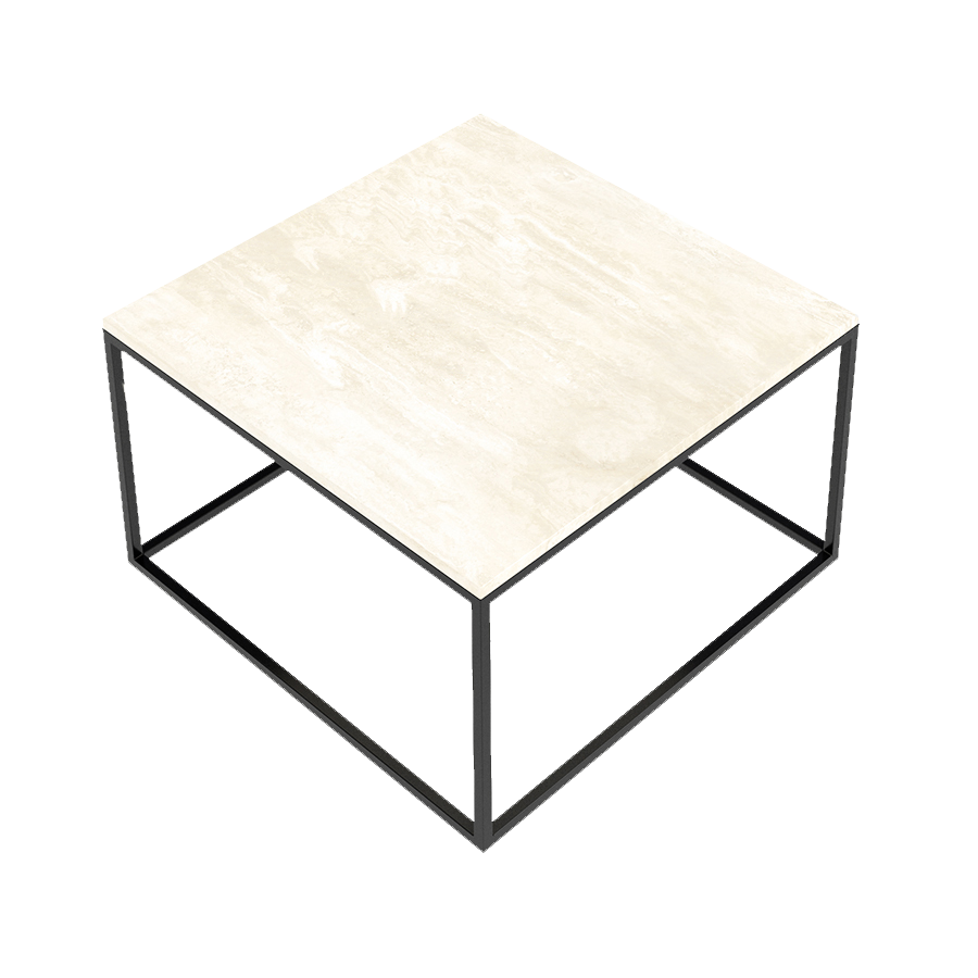 Square marble coffee table in travertine finish with a sleek modern design, perfect for living room decor.