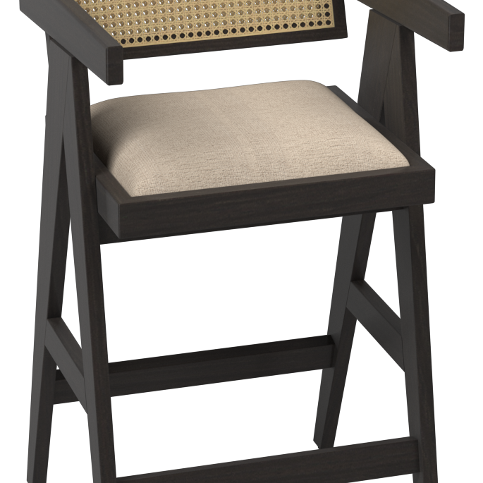Upholstered off-white barstool with dark brown wooden legs, Pierre style, 65 cm height, modern seating for kitchen or bar area.