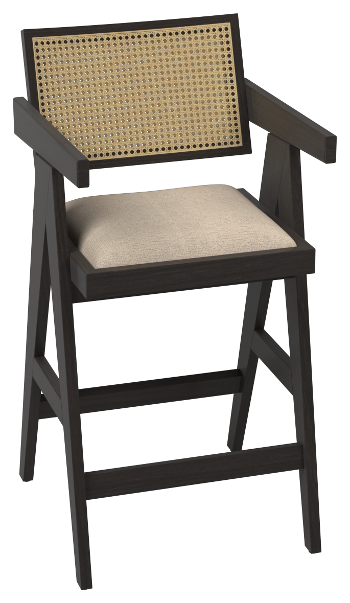 Upholstered off-white barstool with dark brown wooden legs, Pierre style, 65 cm height, modern seating for kitchen or bar area.
