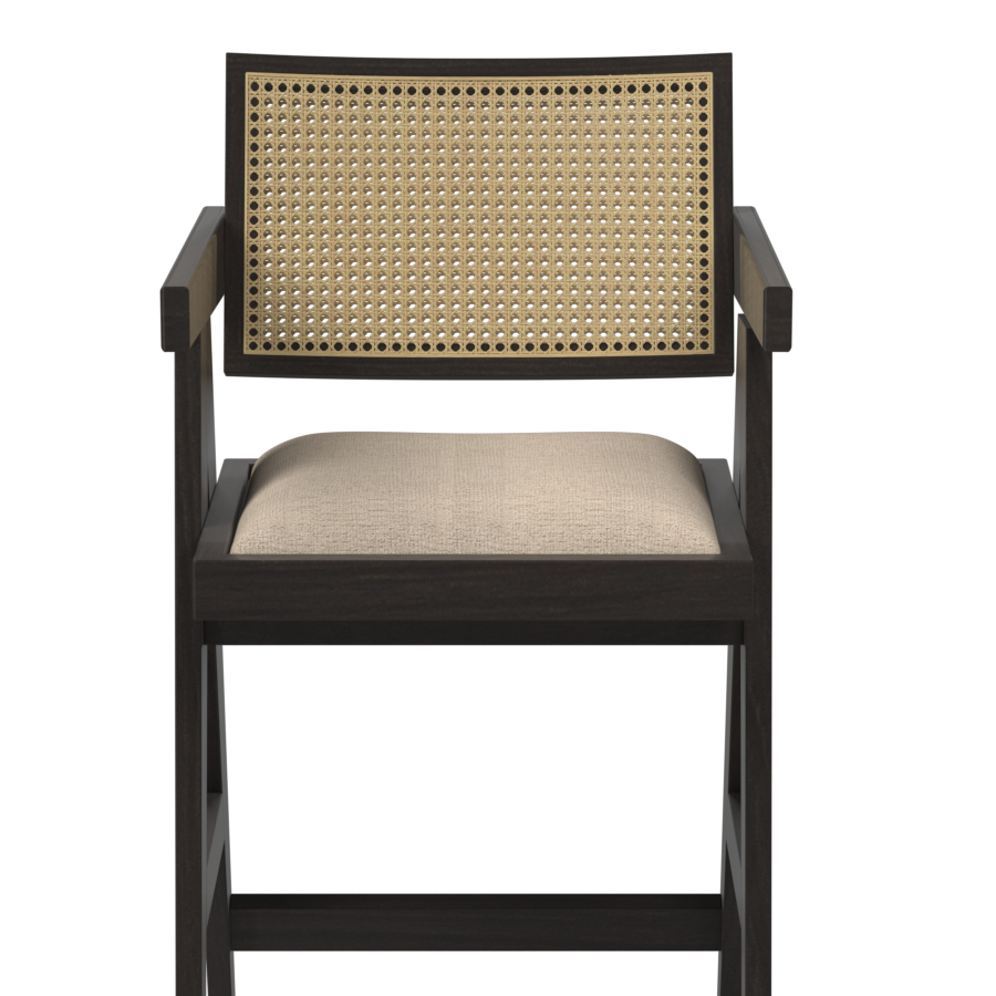 Upholstered off-white barstool with dark brown legs and seat, featuring a Pierre brand design and a 65 cm height.