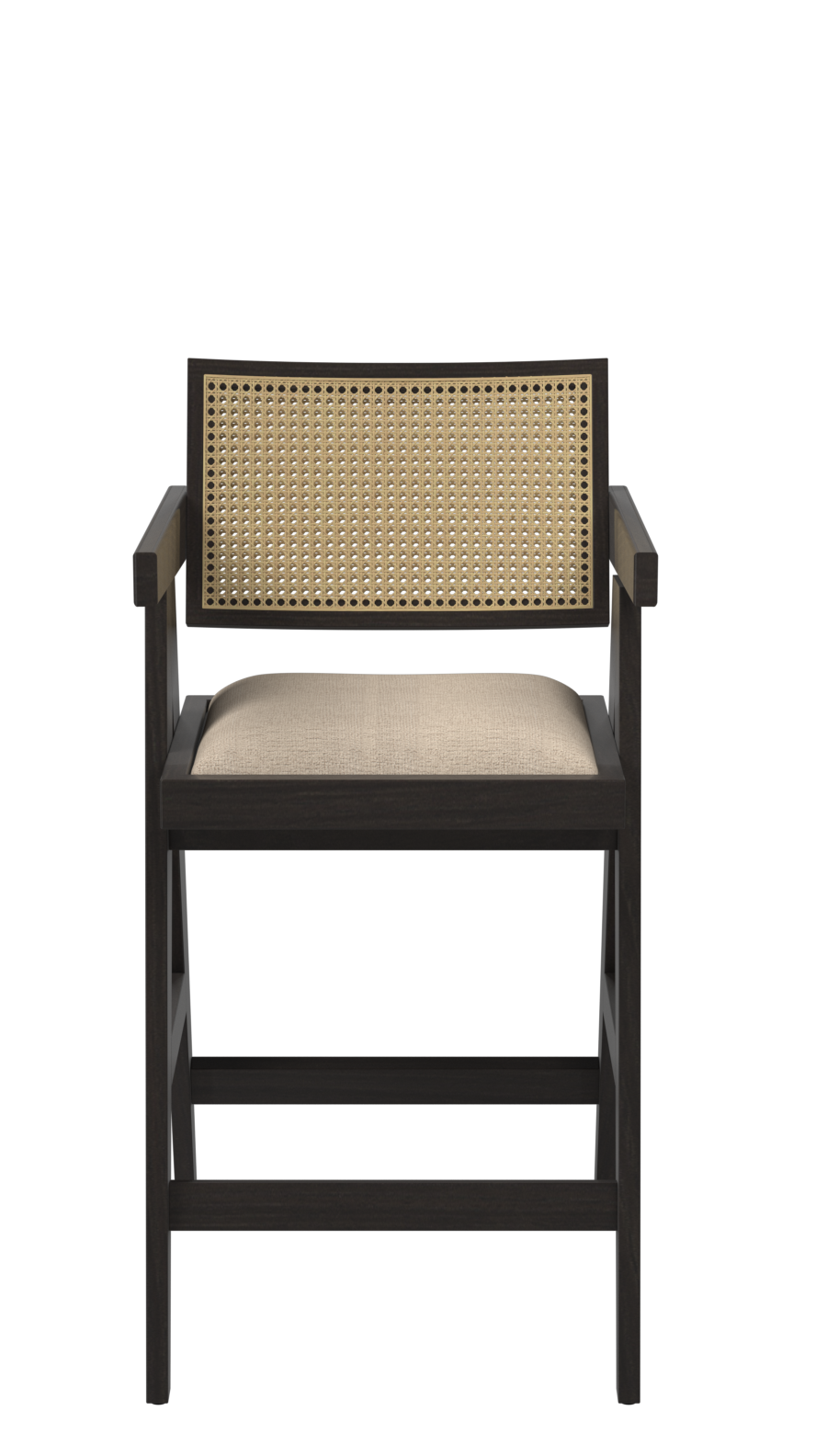 Upholstered off-white barstool with dark brown legs and seat, featuring a Pierre brand design and a 65 cm height.