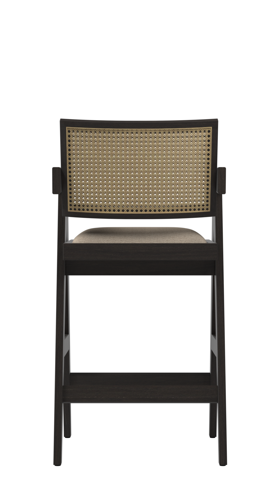 Off-white upholstered Pierre barstool with dark brown wooden legs, modern seating for kitchen or bar area.