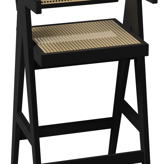 Black rattan seat barstool named Pierre with a sleek design, featuring a sturdy frame and comfortable seating.