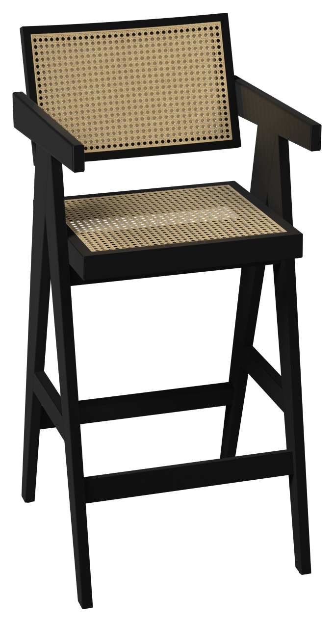 Black rattan seat barstool named Pierre with a sleek design, featuring a sturdy frame and comfortable seating.
