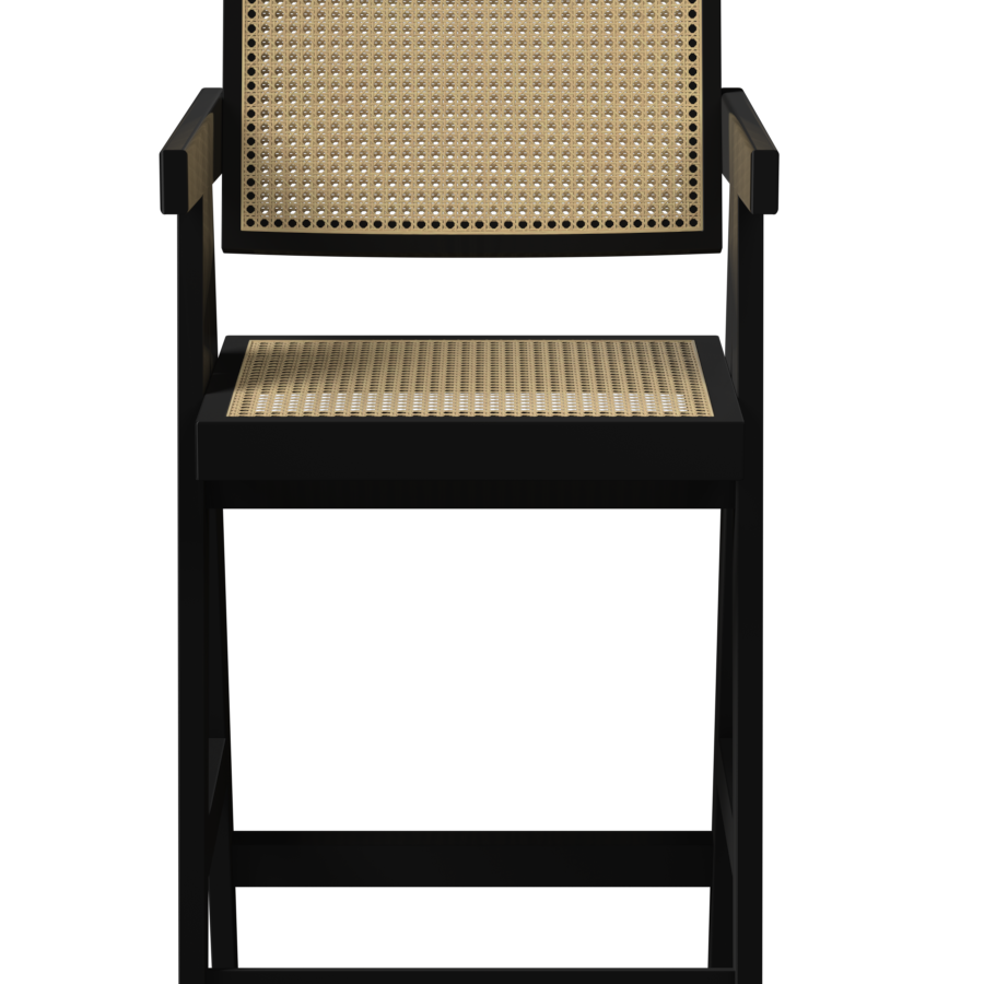 Black Pierre barstool with rattan seat, 65cm height and 88cm width, modern seating with stylish rattan design.