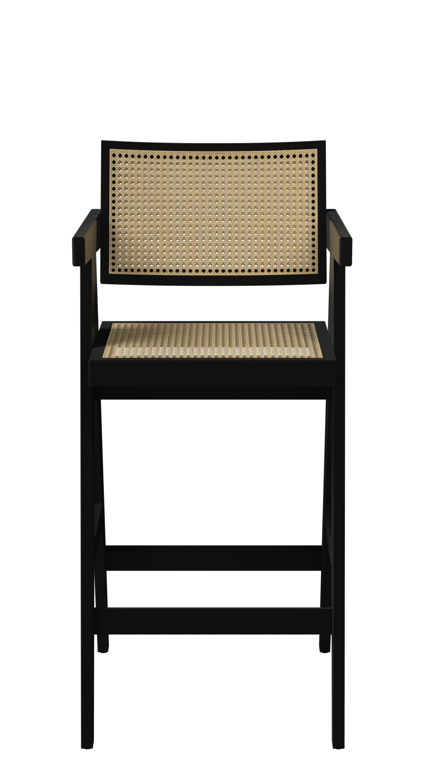 Black Pierre barstool with rattan seat, 65cm height and 88cm width, modern seating with stylish rattan design.