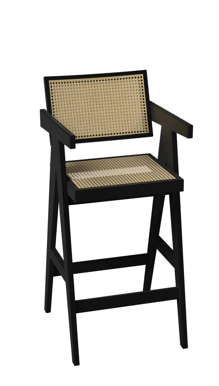 Black rattan seat barstool named Pierre, featuring a modern design, shown from the side with a sturdy frame.