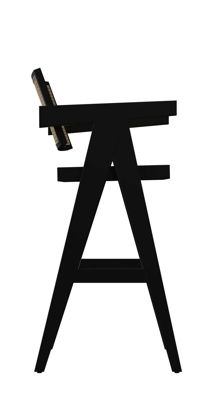 Black Pierre barstool with rattan seat, featuring a sleek design and sturdy frame for stylish seating.