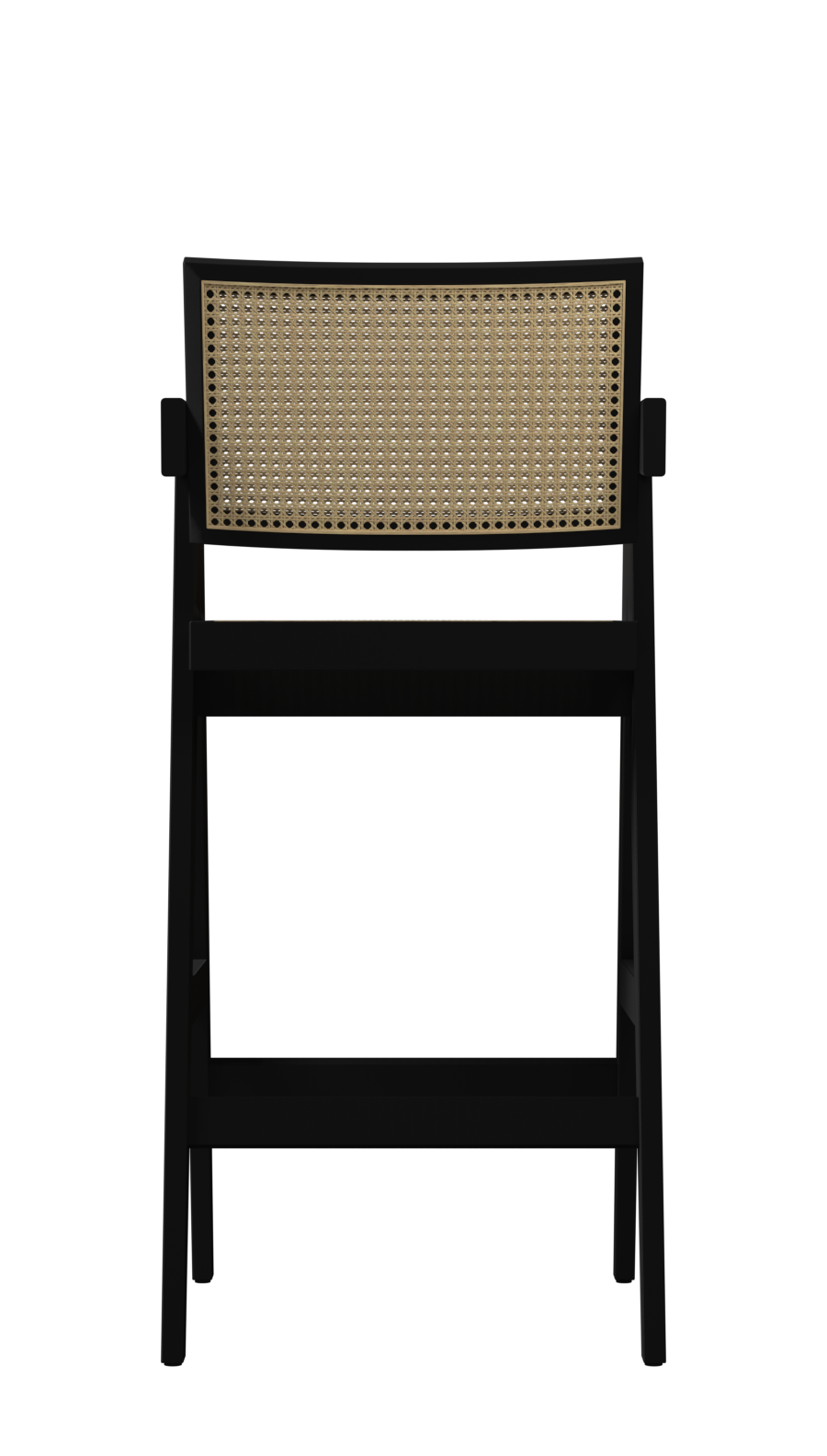 Black rattan seat barstool named Pierre with a sleek design and sturdy frame, ideal for modern kitchen or bar areas.