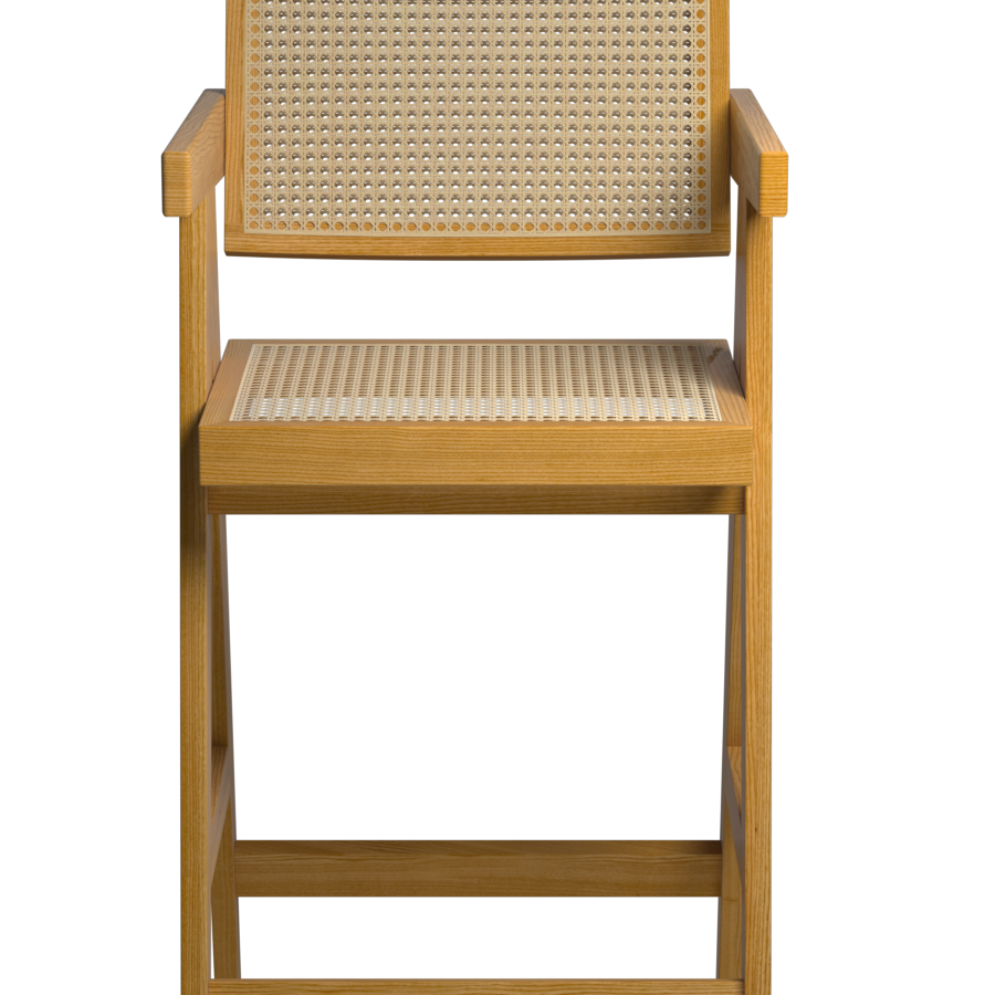 Brown rattan seat barstool named Pierre with a sturdy frame, perfect for casual seating in modern or rustic interiors.