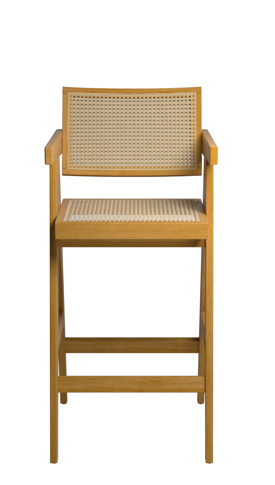 Brown rattan seat barstool named Pierre with a sturdy frame, perfect for casual seating in modern or rustic interiors.