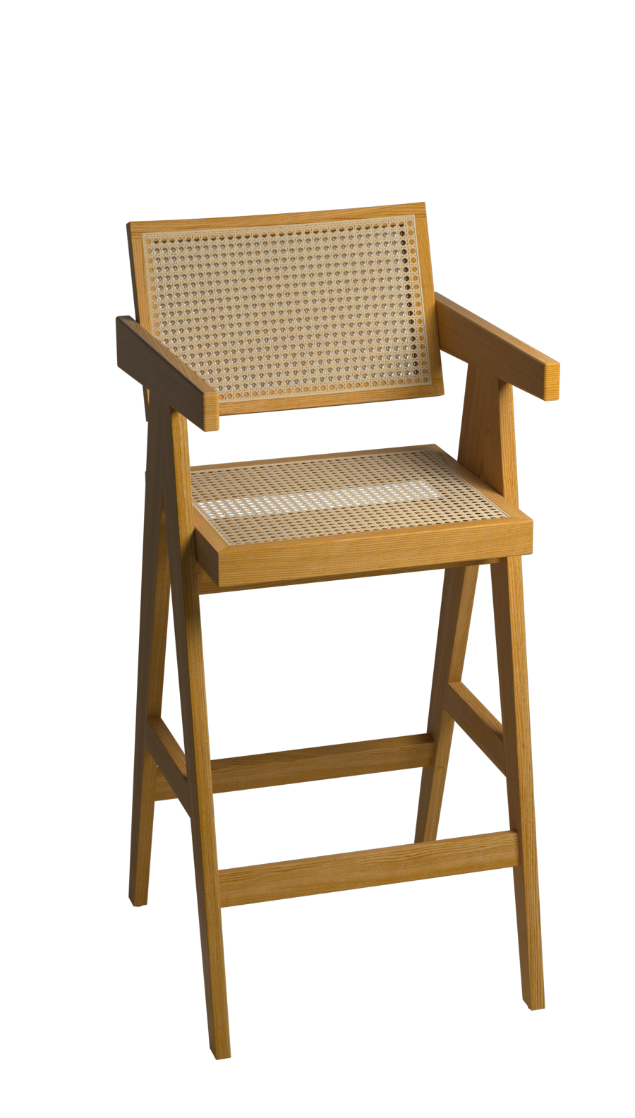 Brown rattan seat barstool named Pierre with a sturdy frame, measuring 65-88 cm, perfect for modern kitchen or bar areas.